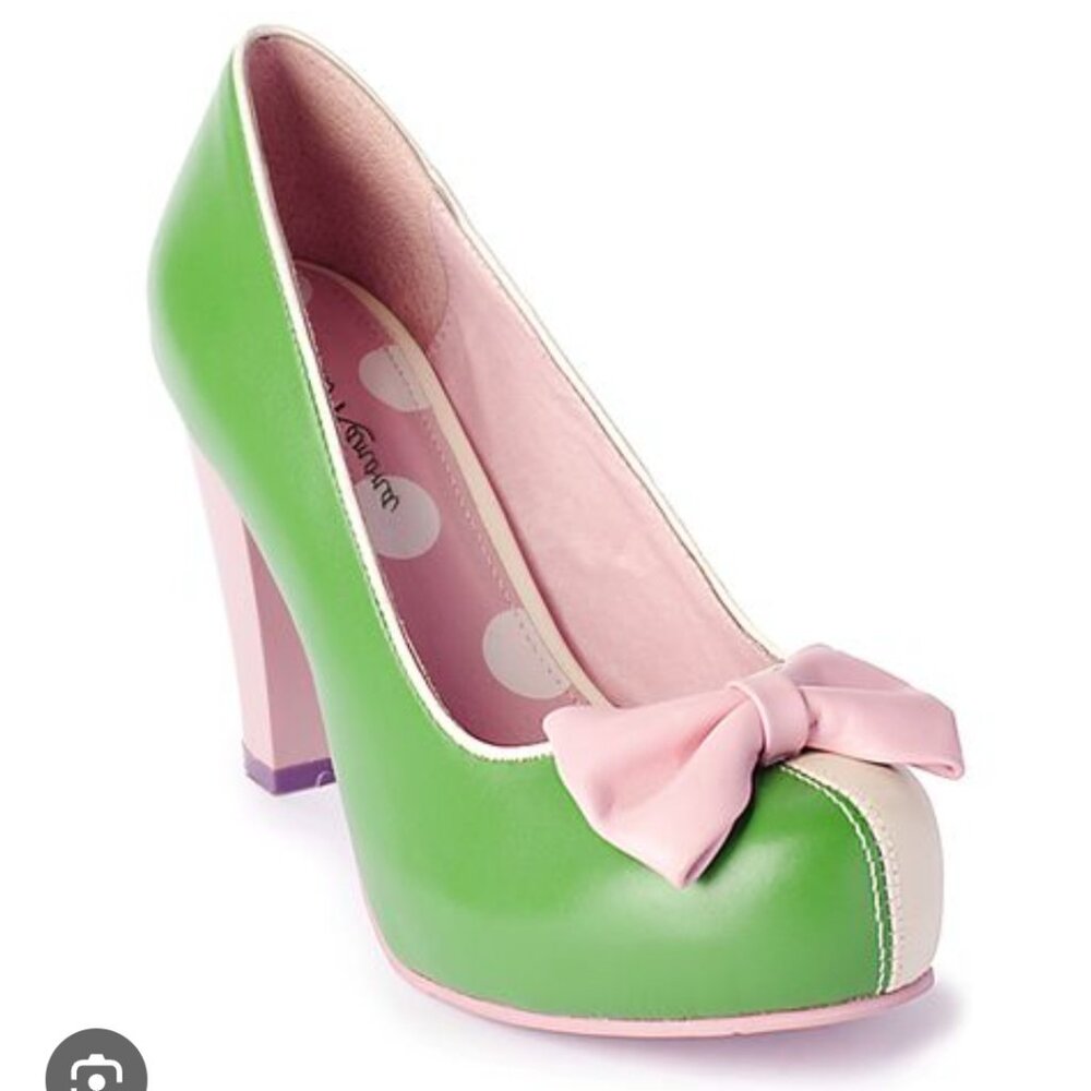 Lola Ramona Green and Off-White Leather Heels with Pink Bow Angie P